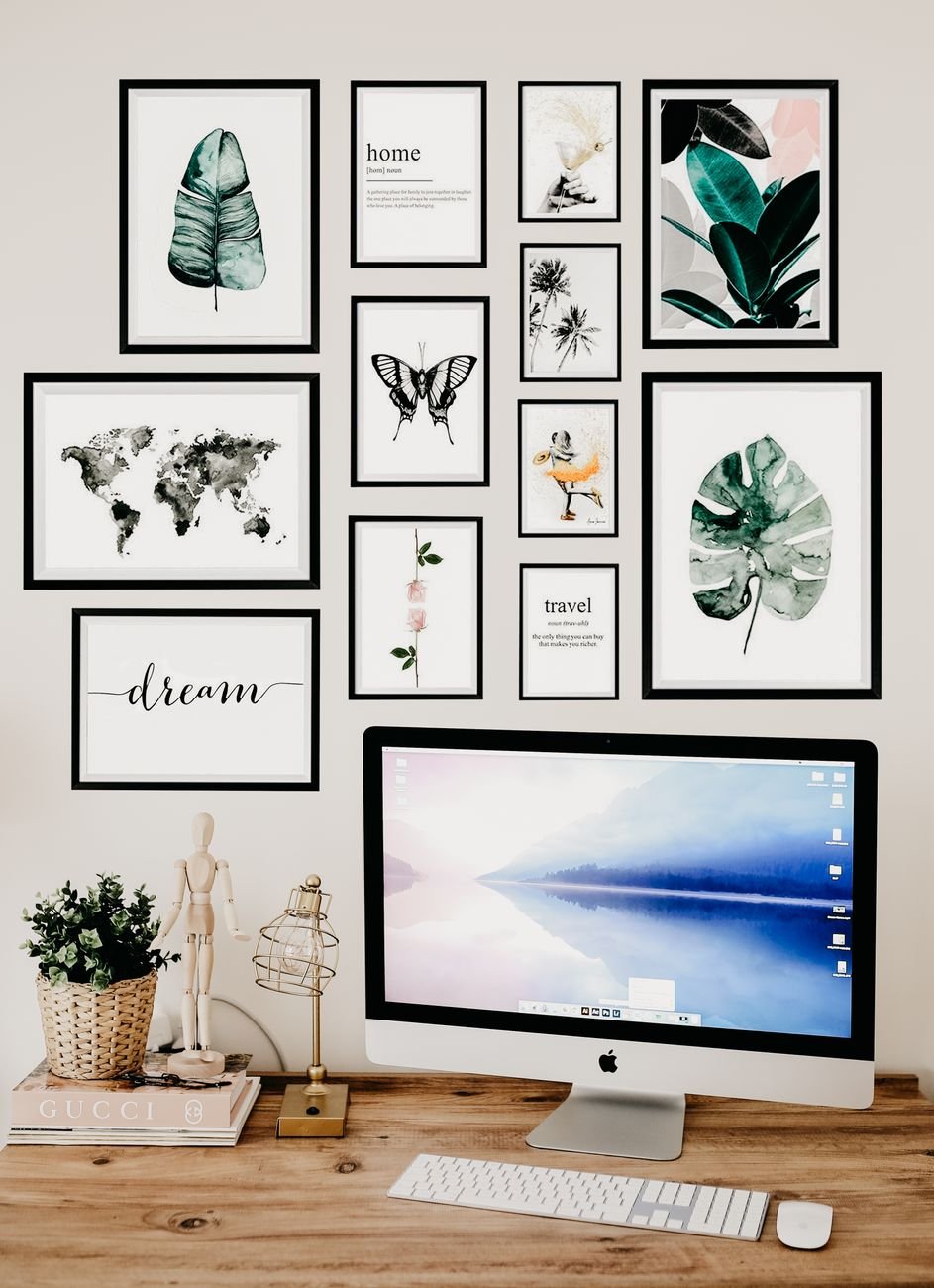 Framed art print on a stylish home office desk